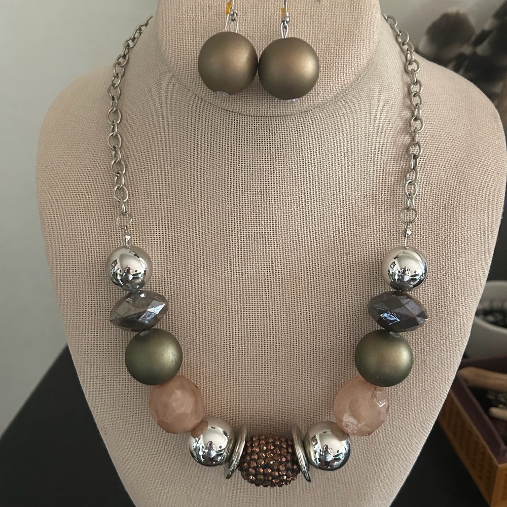 Vintage Silver & Bronze Large Beads Beaded Necklace Earrings Set